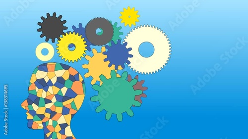 The gears rotate, the work of the human brain, animation, cartoon