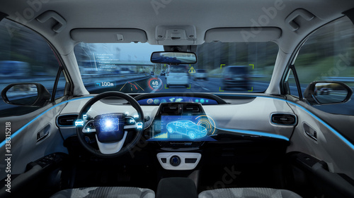empty cockpit of vehicle, HUD(Head Up Display) and digital speedometer, autonomous car, diriverless vehicle