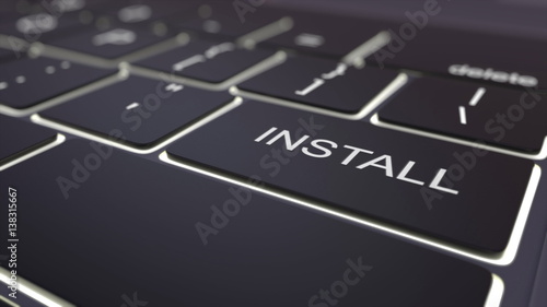Modern black computer keyboard and luminous install key. 3D rendering