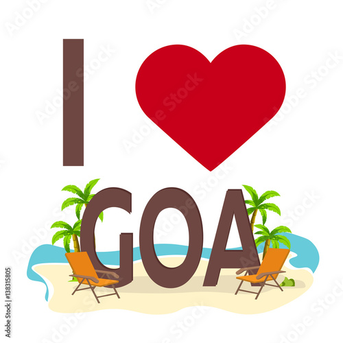 I love Goa, India. Travel. Palm, summer, lounge chair. Vector flat illustration.