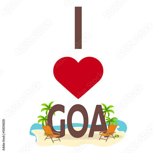 I love Goa, India. Travel. Palm, summer, lounge chair. Vector flat illustration.