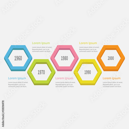 Five step Timeline Infographic. Colorful 3D big polygon segment. Template. Flat design. White background. Isolated.