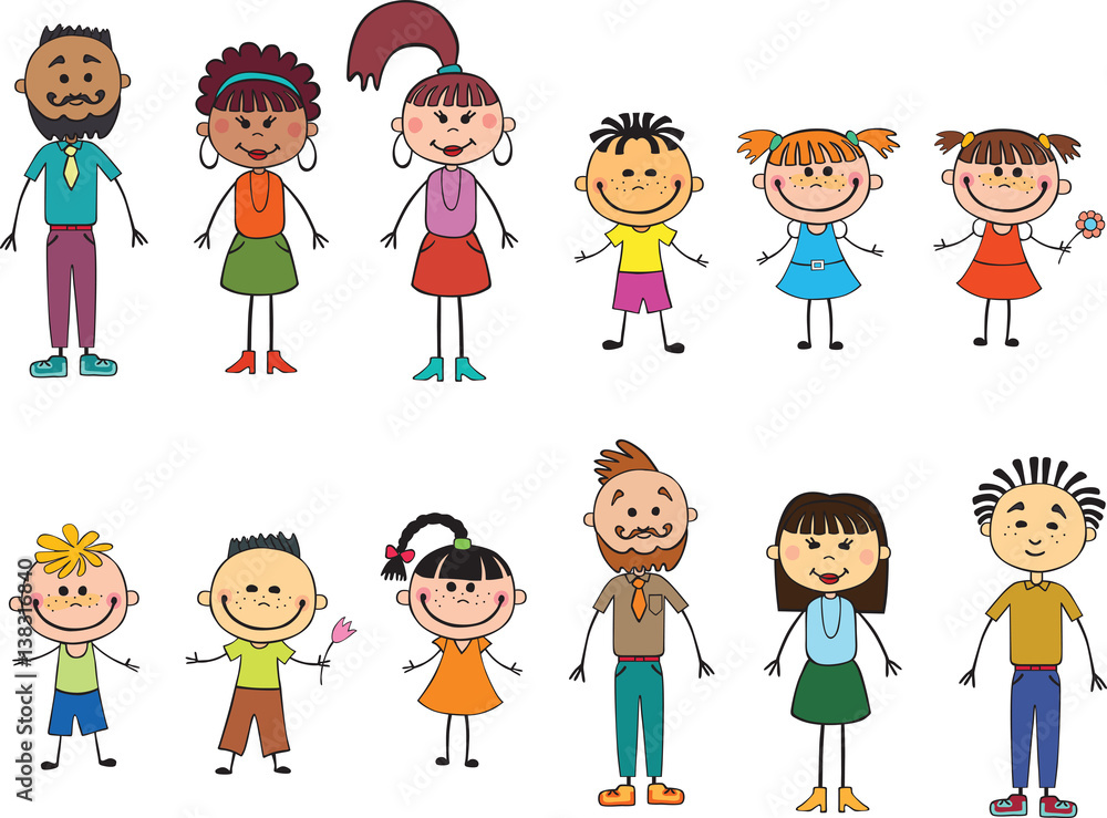 Children adulds isolated look up with interest. Kid pointing at a wight Funny cartoon character. Vector illustration Children adulds isolated look up with interest. Kid pointing at a wight Funny cartoon character. Vector illustration