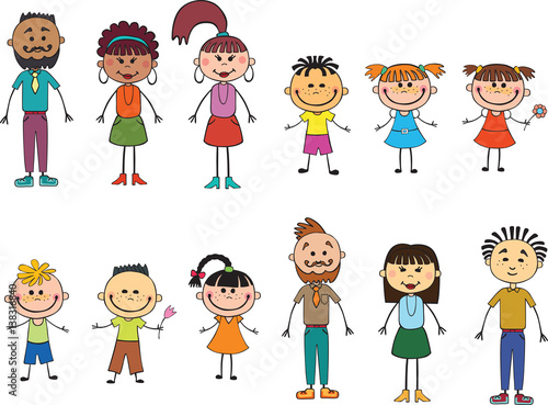  Children adulds isolated look up with interest. Kid pointing at a wight Funny cartoon character. Vector illustration