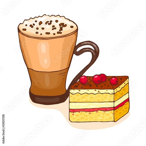 
Coffee and piece of cake. Vector illustration, doodle style