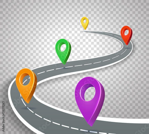 Business roadmap 3d pointers on transparent background. Abstract road with pins vector illustration