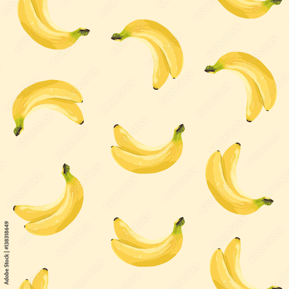 Seamless pattern of a banana on a yellow background. Vector illustration.