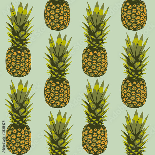 Seamless pattern, pineapple on a green background. Vector illustration.