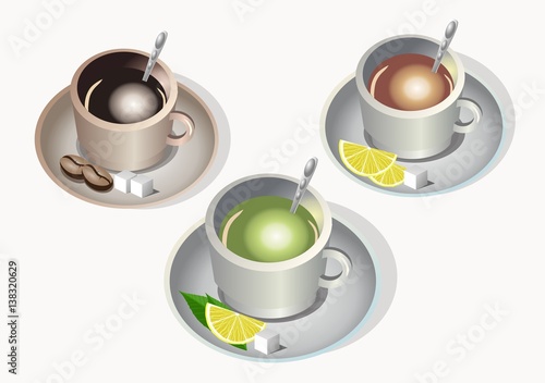 hot drinks in mugs on white background