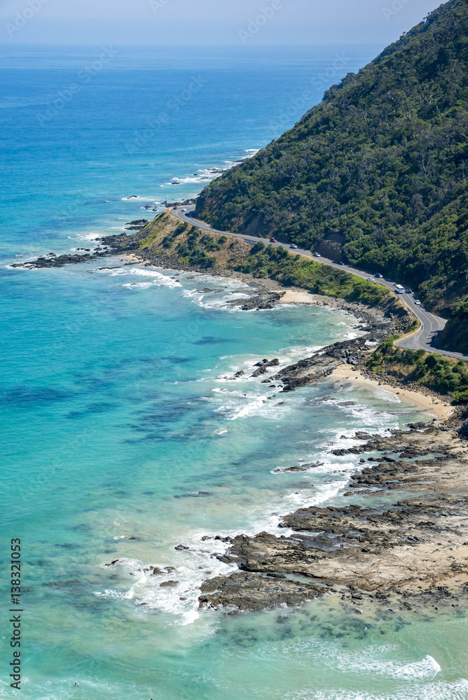 Coastline of a rocky beach along the Great Ocean Road, Victoria Australia