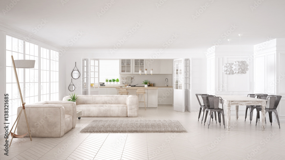 Fototapeta premium Minimalist white living and kitchen, scandinavian classic interior design