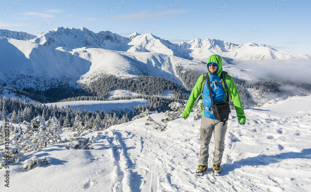 Frozen hiker in the mountains.