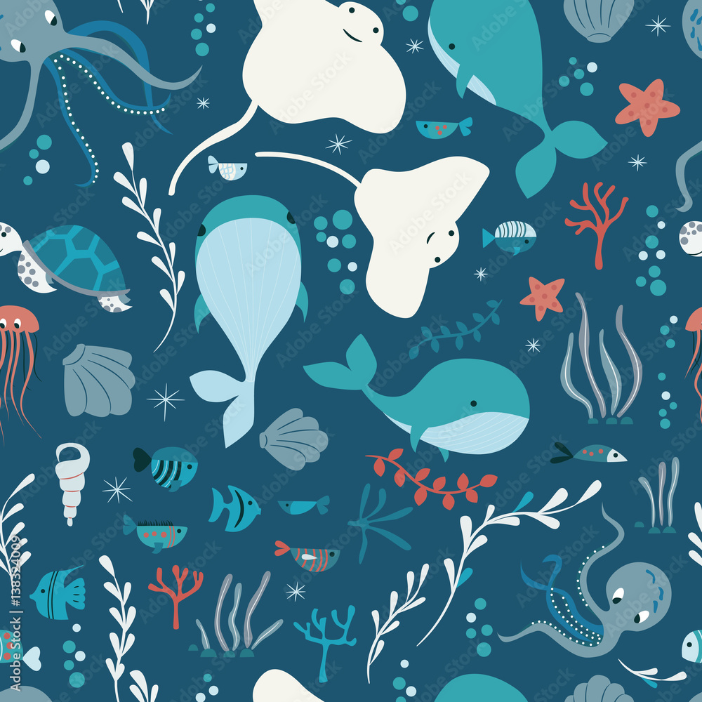 Fototapeta premium Seamless pattern with underwater ocean animals, whale, octopus, stingray, jellysfish