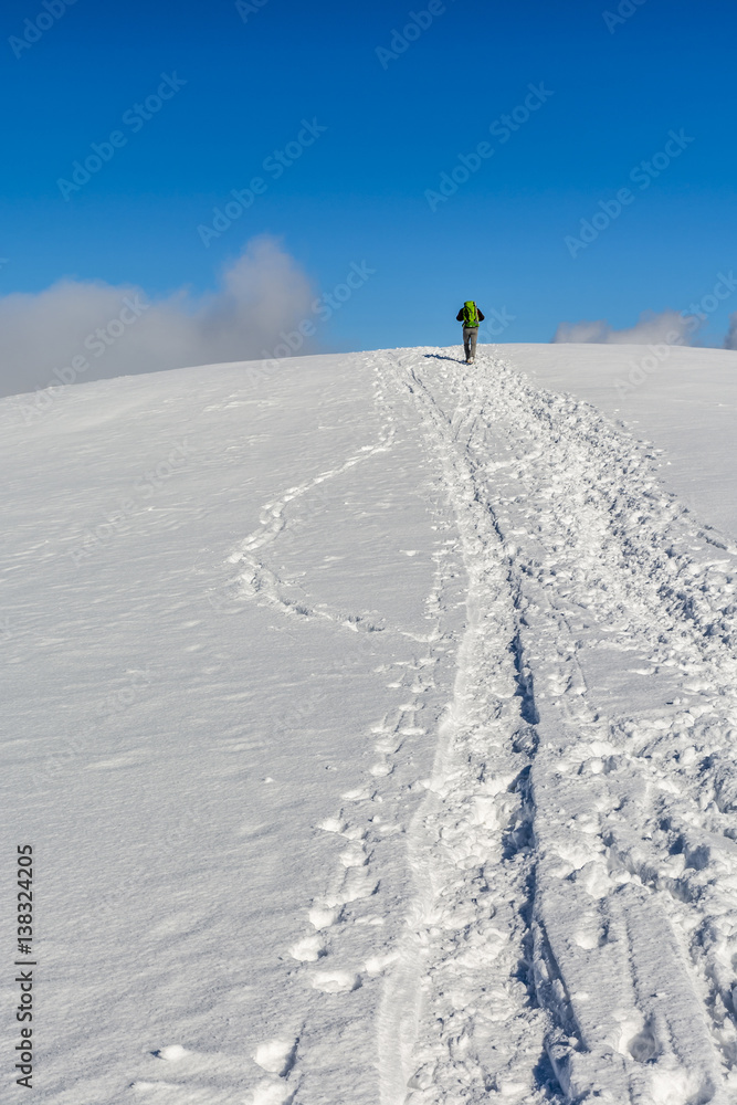 Hiker on a winter ridge.
