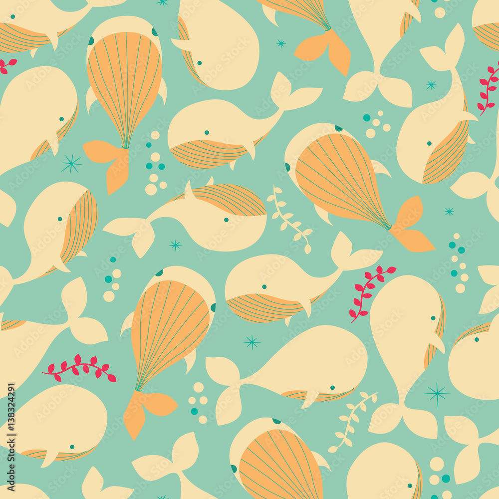Naklejka premium Seamless pattern with underwater ocean animals, whales, colorful vector illustration