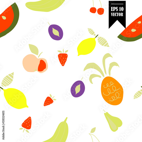 Fototapeta Naklejka Na Ścianę i Meble -  Seamless pattern fruits and berries on a white background. Print on the wallpaper, textiles, clothing, paper. For registration cards and illustrations.