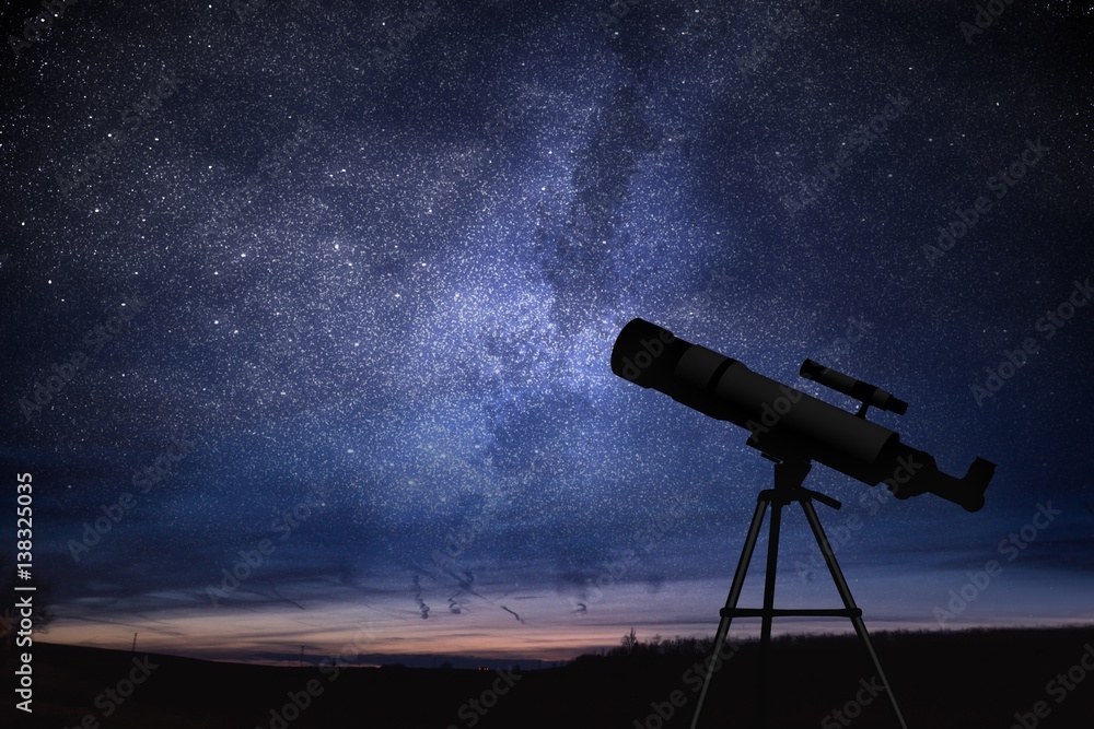 Silhouette of telescope and starry night sky in background. Astronomy and stars observing concept. - obrazy, fototapety, plakaty 