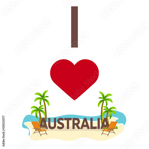 I love Australia. Travel. Palm  summer  lounge chair. Vector flat illustration.