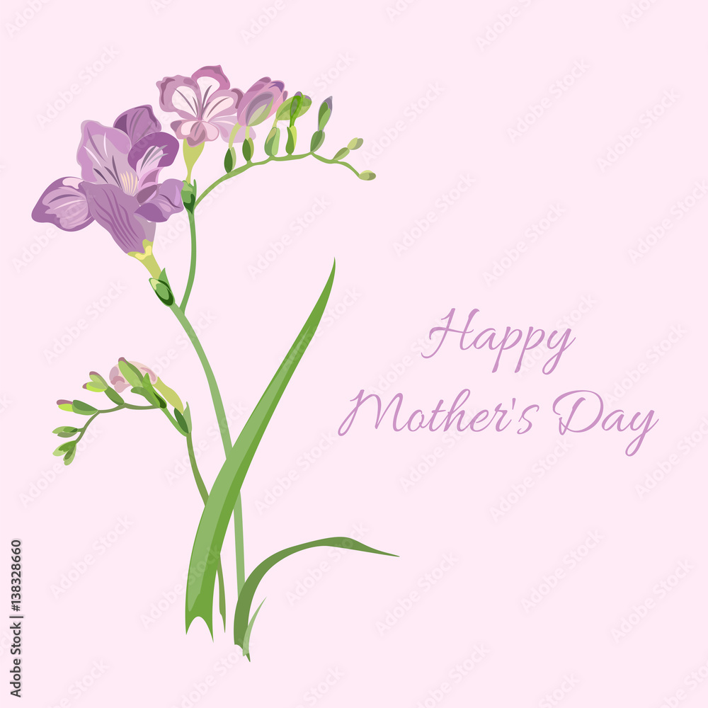  Postcard banner decorated with flowers freesias, a congratulatory text, happy Mother's Day.