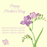 Card, banner with a sprig of freesia spring flowers in violet, purple coloring, greeting text and space for writing.
