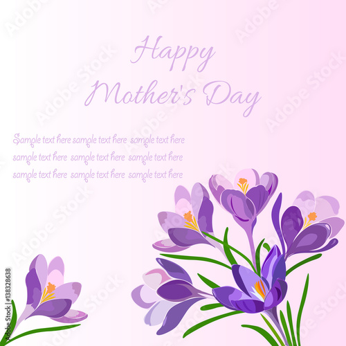Card, banner with spring flowers crocus, greeting text and space for writing