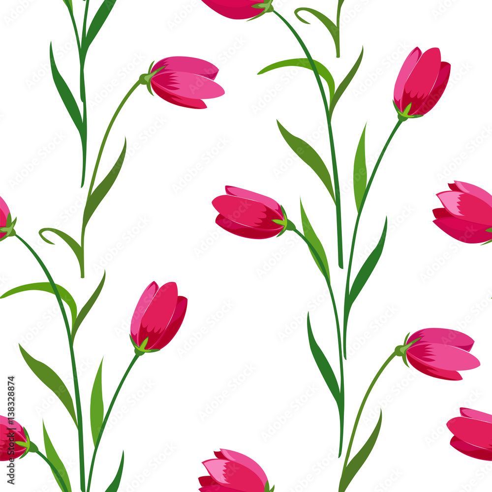 Seamless pattern with spring flowers tulips on a white background.