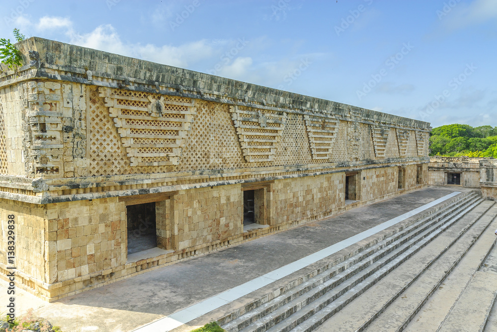 detail of several buildings in the quadrangle of the nuns in the Mayan archaeological Uxmal enclosure in Yucatan, Mexico