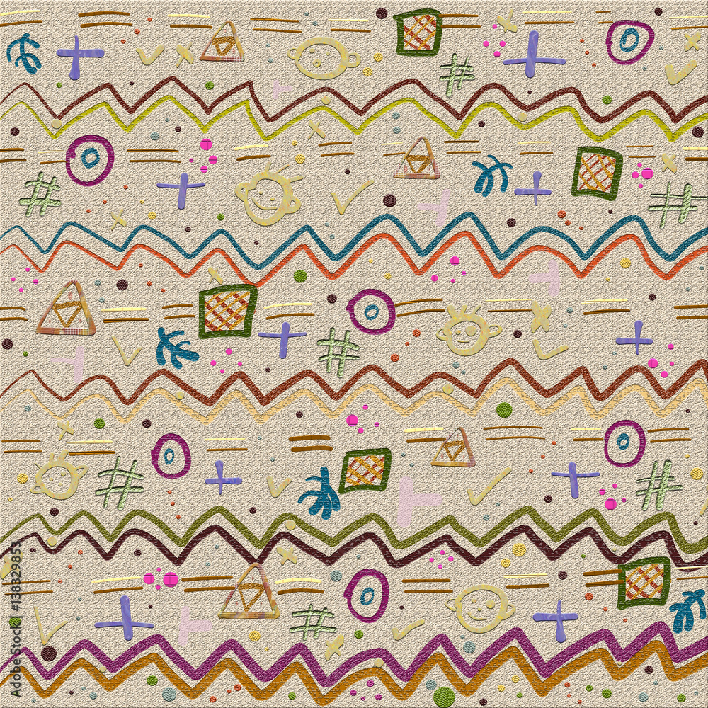 Background with bright cheerful children's three-dimensional pattern on a beige background with texture Background with bright cheerful children's three-dimensional pattern on a beige background with texture