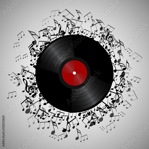 Illustration of vinyl record with music notes. Vector element for presentations, covers and your creativity