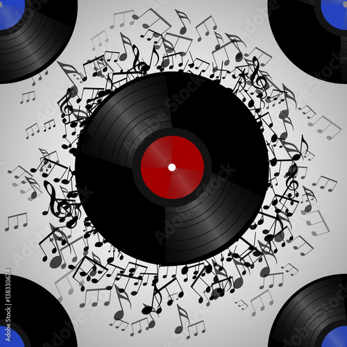 Seamless texture with a vinyl record and music notes. Vector musical pattern for your  creativity