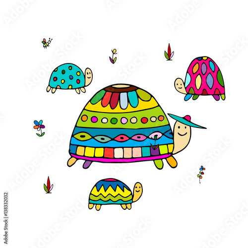 Funny family, turtle with chidren, sketch for your design