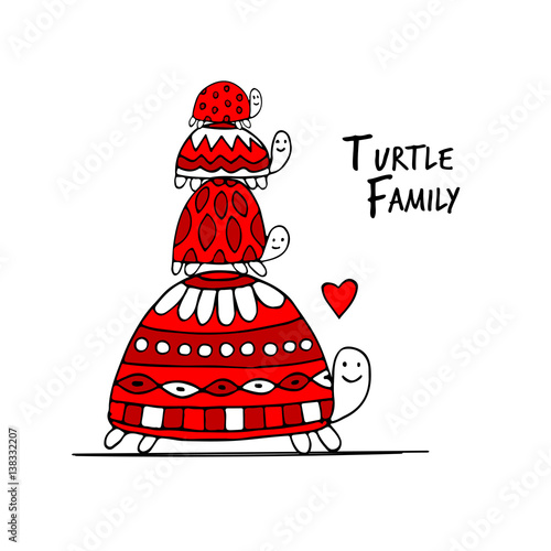 Funny family, turtle with chidren, sketch for your design