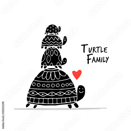 Funny family, turtle with chidren, sketch for your design