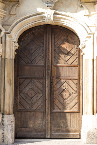 Vintage wooden brown door close-up