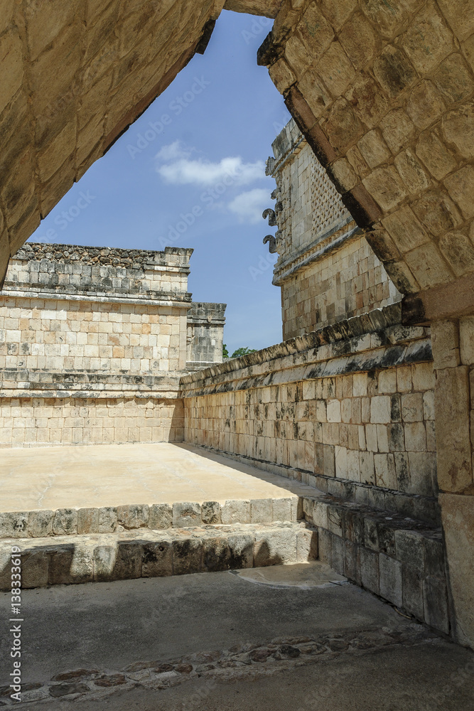 detail of several buildings in the quadrangle of the nuns in the Mayan archaeological Uxmal enclosure in Yucatan, Mexico