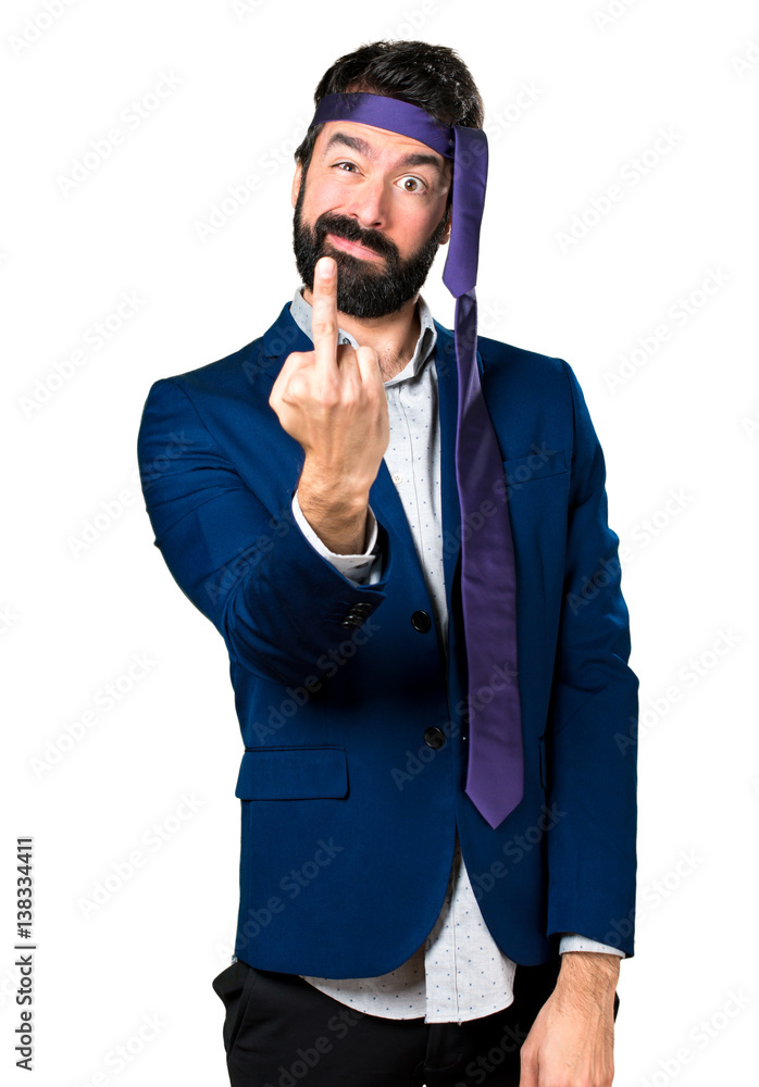 Crazy and drunk businessman making horn gesture Crazy and drunk businessman making horn gesture