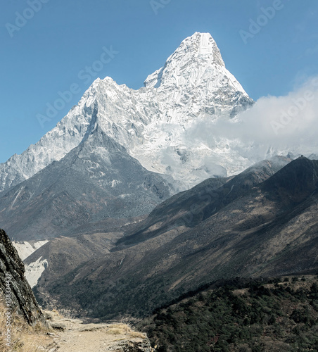 View to the Ama Dablam (6814 m) from the trek near Dingboche - Everest region, Nepal, Himalayas photo