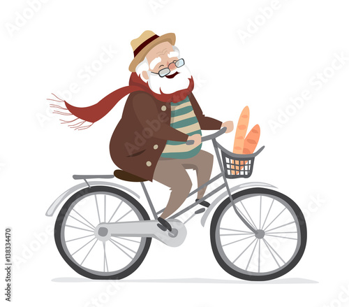 Vector elderly man on a bicycle. Elderly exercising. Flat cartoon vector illustration.