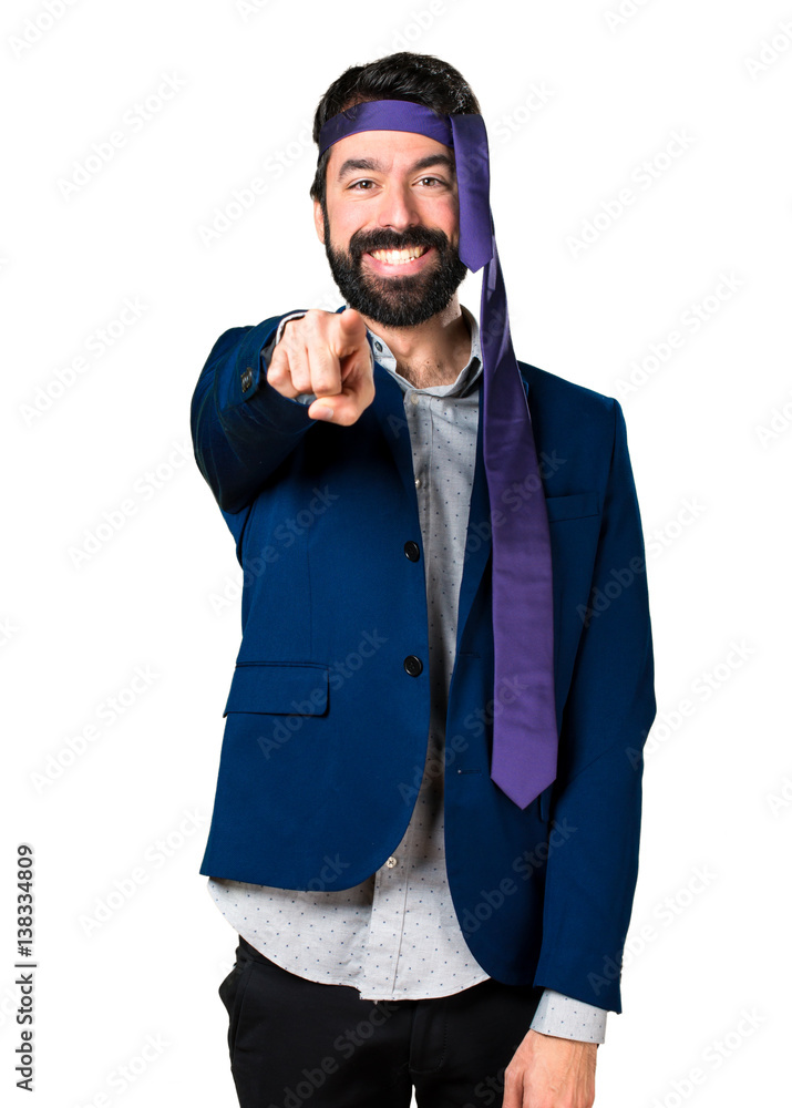 Crazy and drunk businessman pointing to the front Crazy and drunk businessman pointing to the front