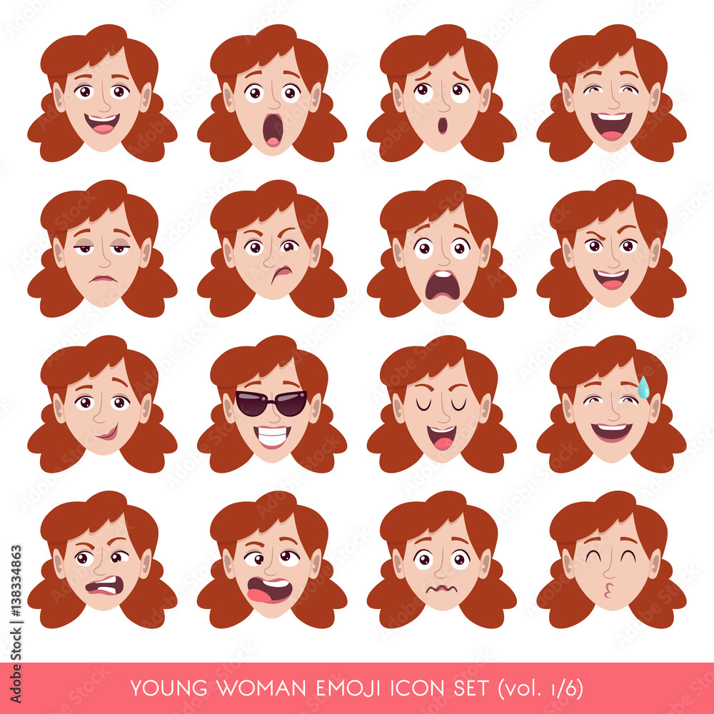 Set of female facial emotions. White woman emoji character with different expressions. Vector illustration in cartoon style. Set of female facial emotions. White woman emoji character with different expressions. Vector illustration in cartoon style.