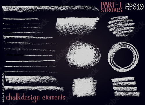 Chalk texture design elements Lines, stripes, strokes, round and rectangle shapes, frames on black board.