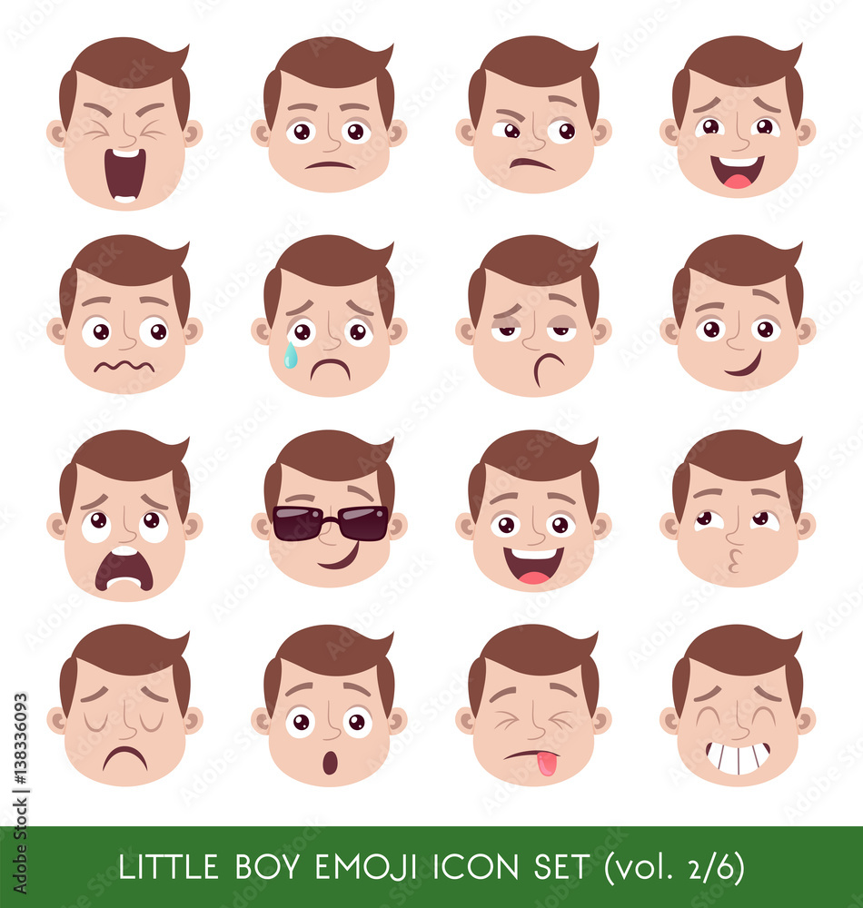 Set of kid facial emotions. White boy emoji character with different expressions. Vector illustration in cartoon style. Set of kid facial emotions. White boy emoji character with different expressions. Vector illustration in cartoon style.