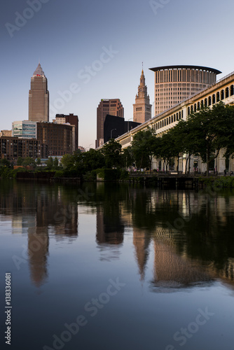 Cleveland  Ohio Skyline and Cuyahoga River at Sunset