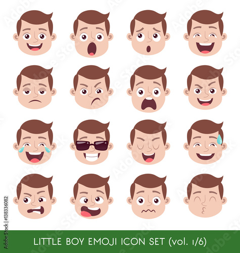 Set of kid facial emotions. White boy emoji character with different expressions. Vector illustration in cartoon style.