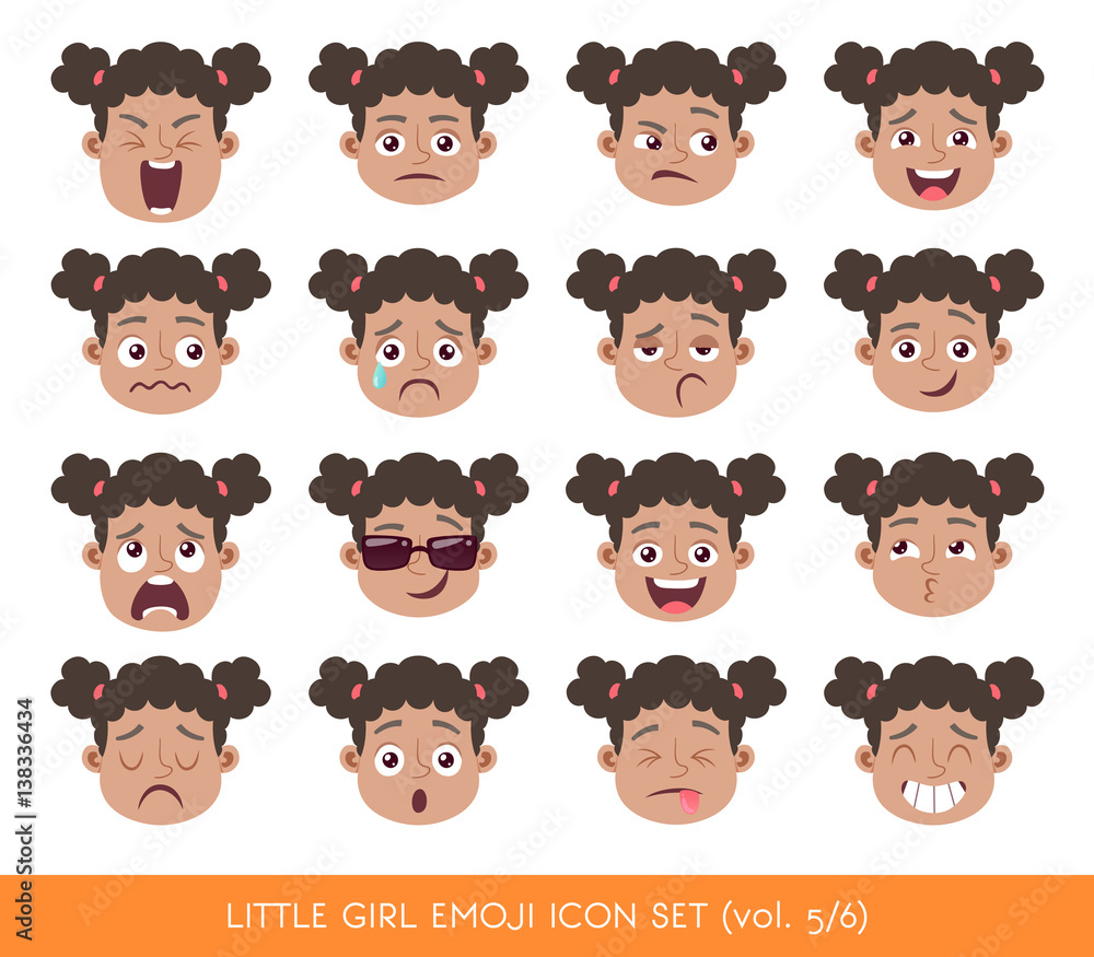 Set of kid facial emotions. Black girl emoji character with different expressions. Vector