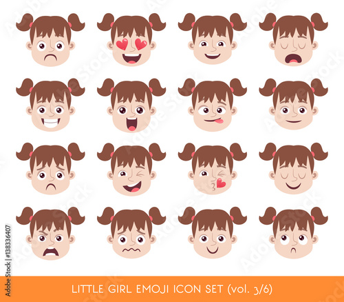 Set of kid facial emotions. White girl emoji character with different expressions. Vector illustration in cartoon style.