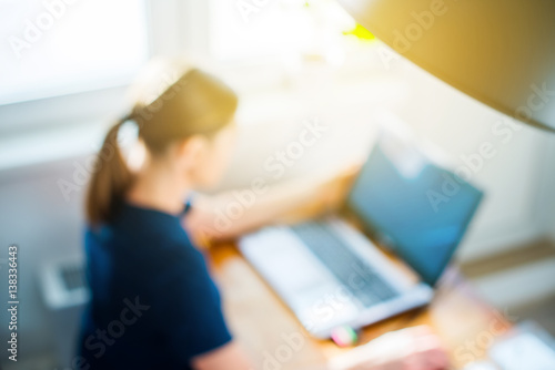 Top View Young Woman Working Her Home Computer