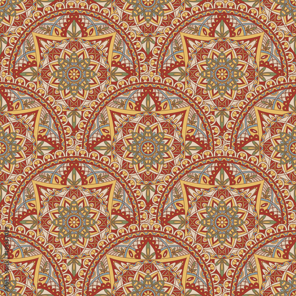 Vintage mandala seamless pattern. Ethnic ornament. Stylized decorative background  in folk art style. Traditional handcraft. Seamless texture in colors. Vector illustration.