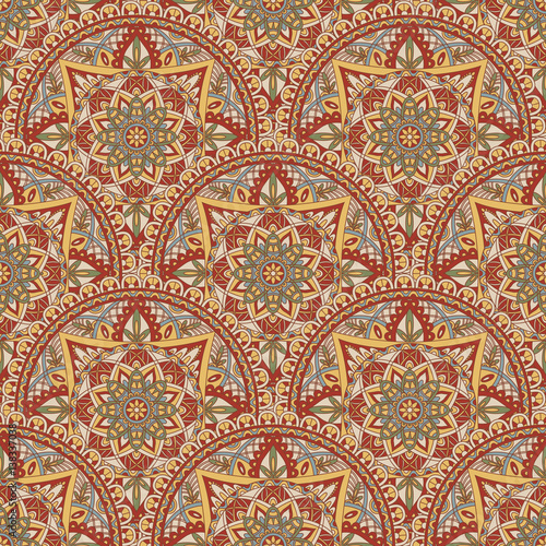 Vintage mandala seamless pattern. Ethnic ornament. Stylized decorative background in folk art style. Traditional handcraft. Seamless texture in colors. Vector illustration.