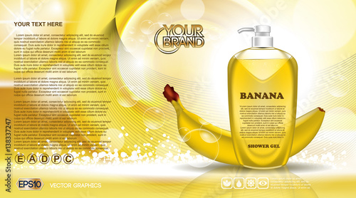 Digital vector yellow shower gel cosmetic container mockup, your brand, ready for print ads or magazine design. Banana fruit and soap bubbles. Transparent, shine, realistic 3d, reflection